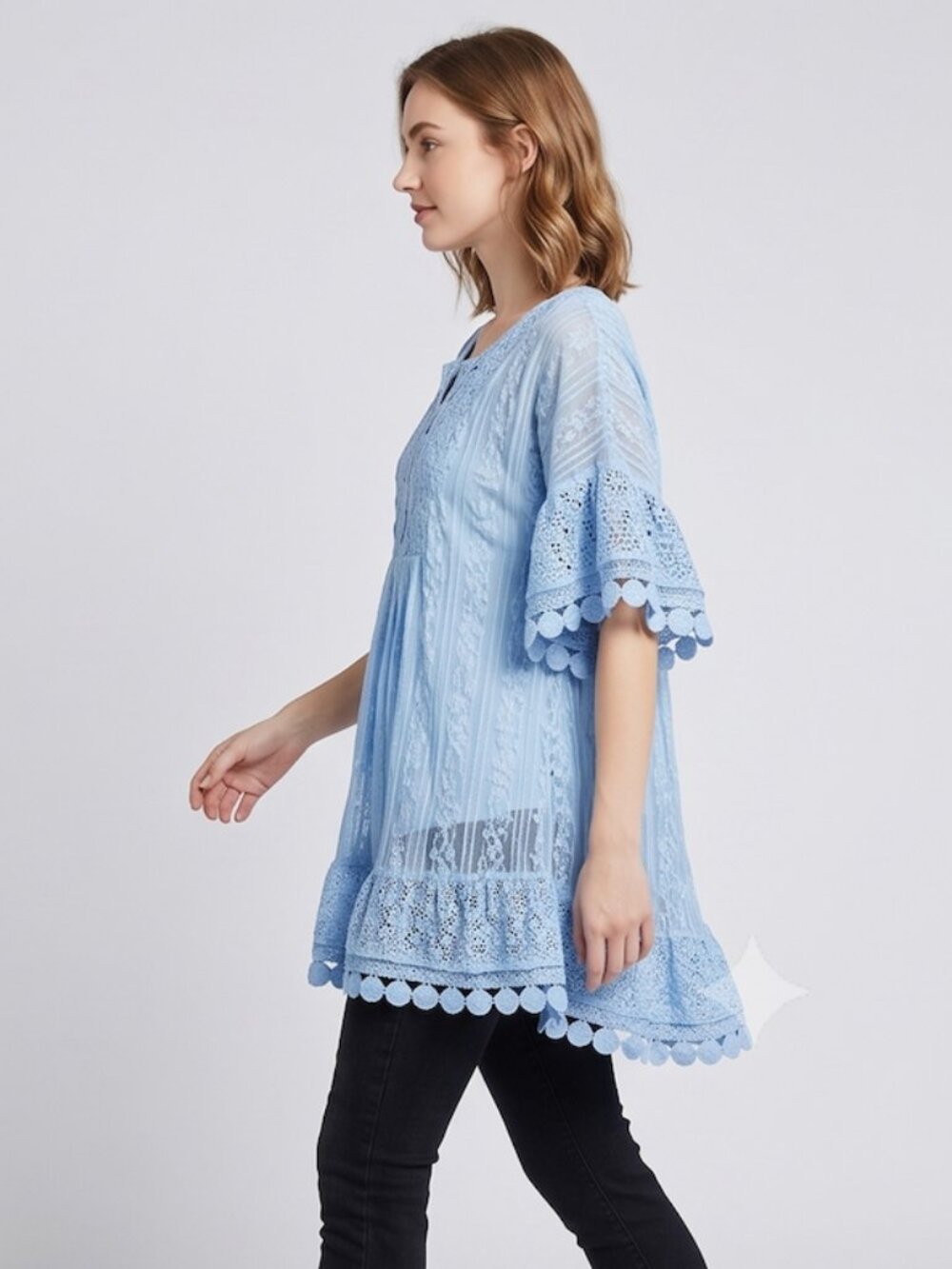 Romantic Lace Tunic Top Flutter Sleeve Ruffle Hem Boho Smock Baby Blue - Picture 3 of 8